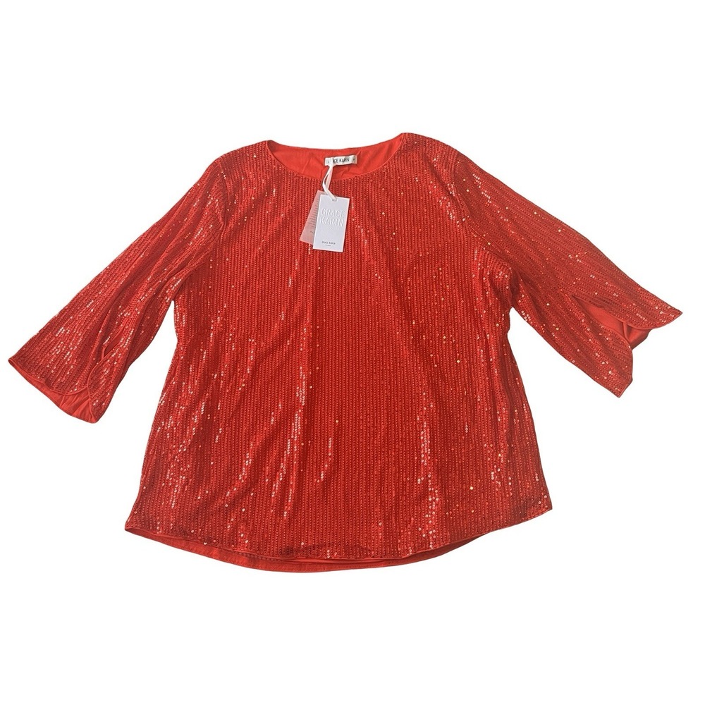 NWT Grace Karin Women's Size XL Red Sequin Blouse 3/4 Sleeve Formal‎ Round Neck